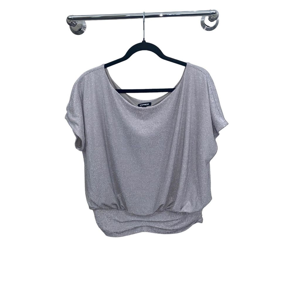 New Express Metallic Silver Short Sleeve Top L